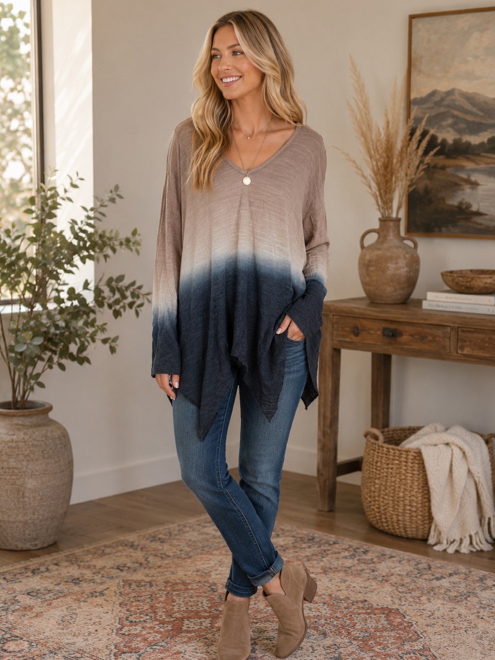 Young Fabulous & Broke Ombre V-Neck Handkerchief Hem Top ☀️ 🌊